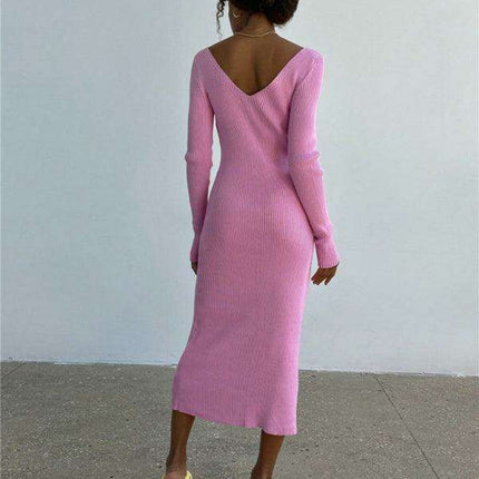 Elegant V-Neck Long Sleeve Knit Dress for Contemporary Women