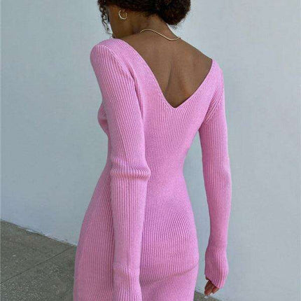 Elegant V-Neck Long Sleeve Knit Dress for Contemporary Women
