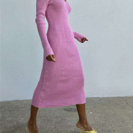 Elegant V-Neck Long Sleeve Knit Dress for Contemporary Women