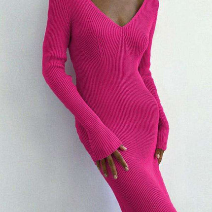 Elegant V-Neck Long Sleeve Knit Dress for Contemporary Women