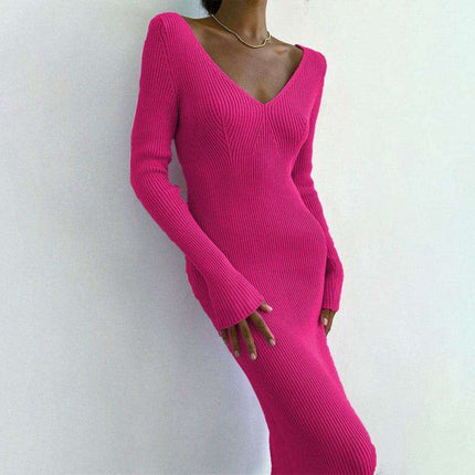 Elegant V-Neck Long Sleeve Knit Dress for Contemporary Women