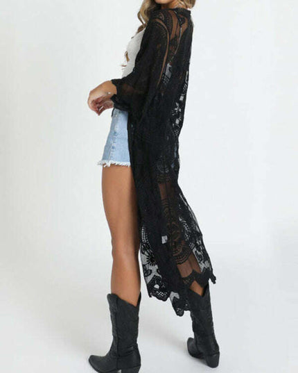 Embroidered lace bikini and mesh cardigan beach cover-up
