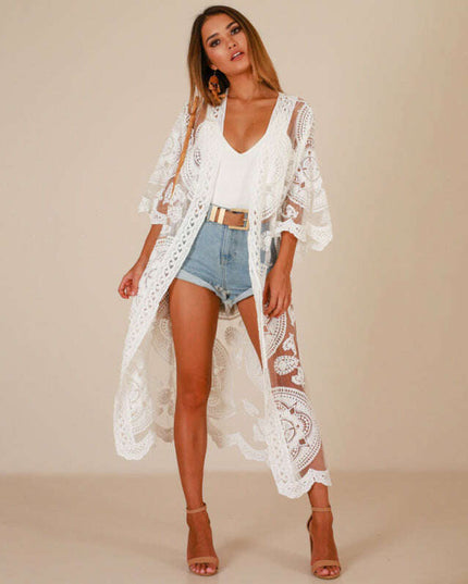 Embroidered lace bikini and mesh cardigan beach cover-up