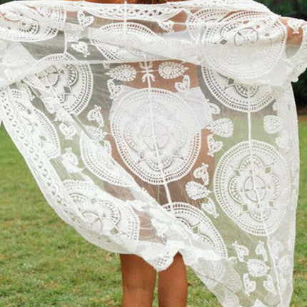 Embroidered lace bikini and mesh cardigan beach cover-up