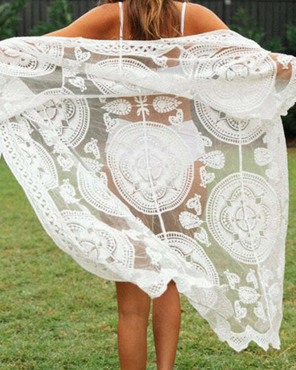 Embroidered lace bikini and mesh cardigan beach cover-up