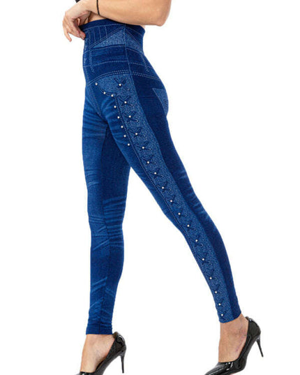 High waist beaded leggings stretch slim cropped pants