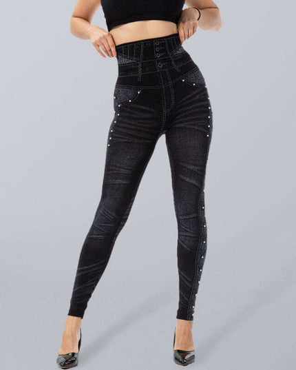 High waist beaded leggings stretch slim cropped pants