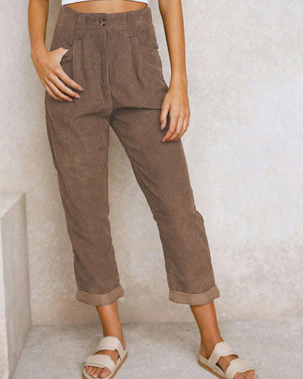 High Waist Lounge Pants Solid Color Corduroy Loose Straight Leg Trousers