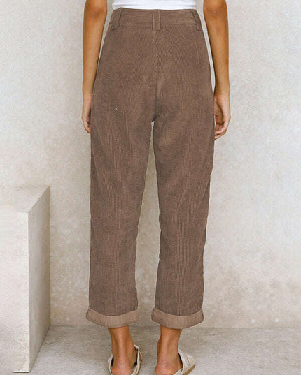 High Waist Lounge Pants Solid Color Corduroy Loose Straight Leg Trousers