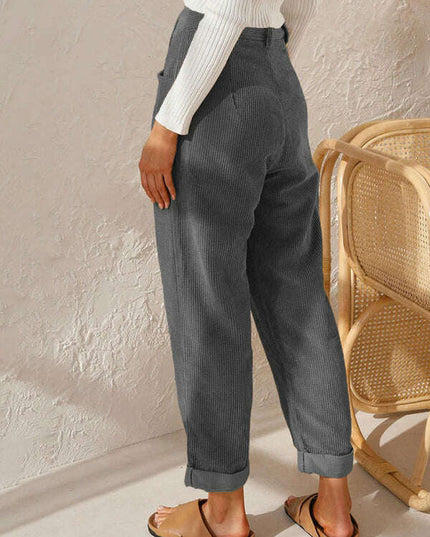 High Waist Lounge Pants Solid Color Corduroy Loose Straight Leg Trousers