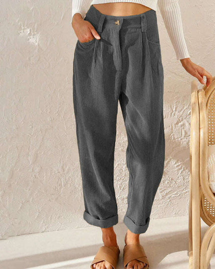 High Waist Lounge Pants Solid Color Corduroy Loose Straight Leg Trousers