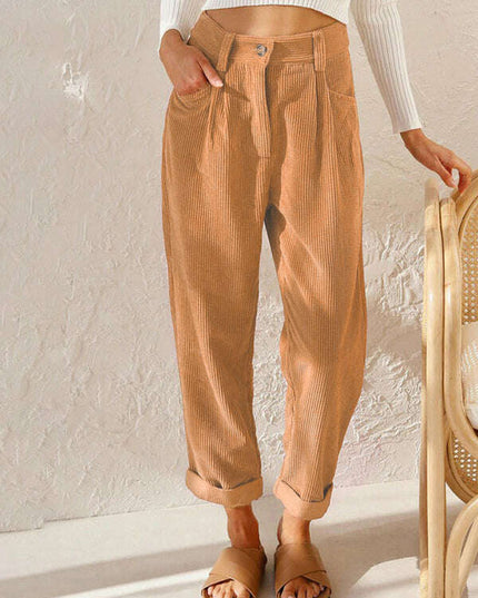 High Waist Lounge Pants Solid Color Corduroy Loose Straight Leg Trousers