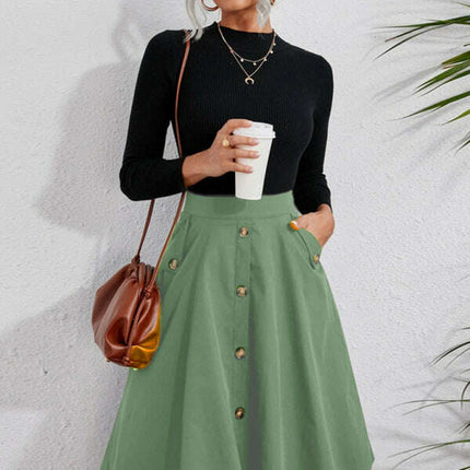 Women's Pocket Button Elegant Midi Skirt