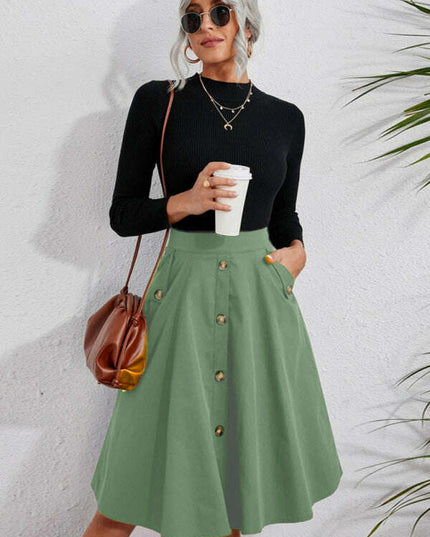 Women's Pocket Button Elegant Midi Skirt