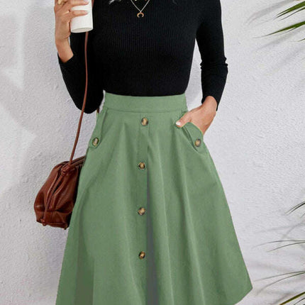 Women's Pocket Button Elegant Midi Skirt