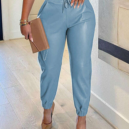 Women's Solid Color Drawstring Pocket Leggings Leather Pants