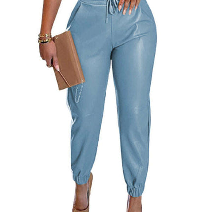 Women's Solid Color Drawstring Pocket Leggings Leather Pants
