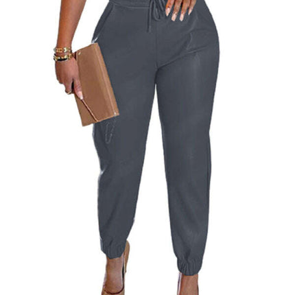 Women's Solid Color Drawstring Pocket Leggings Leather Pants