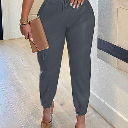 Women's Solid Color Drawstring Pocket Leggings Leather Pants