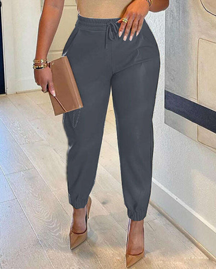 Women's Solid Color Drawstring Pocket Leggings Leather Pants