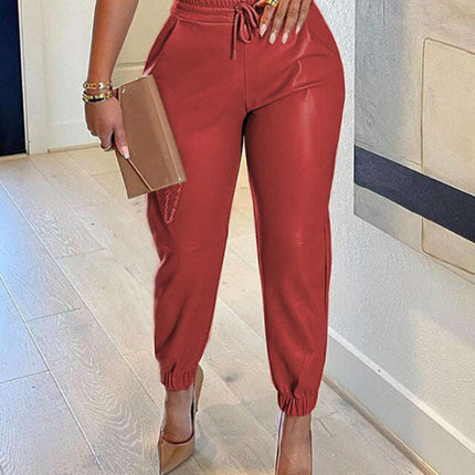Women's Solid Color Drawstring Pocket Leggings Leather Pants