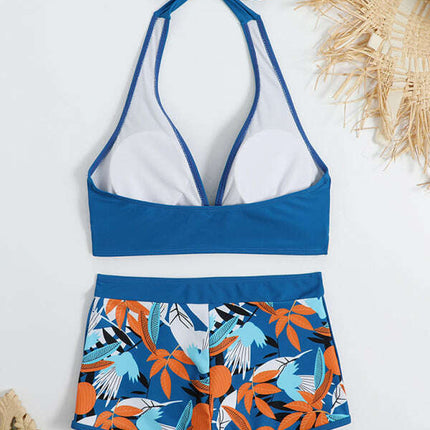 Swimsuit Women's Split High Waist Boxer Ties Printed Solid Color Stitching Bikini