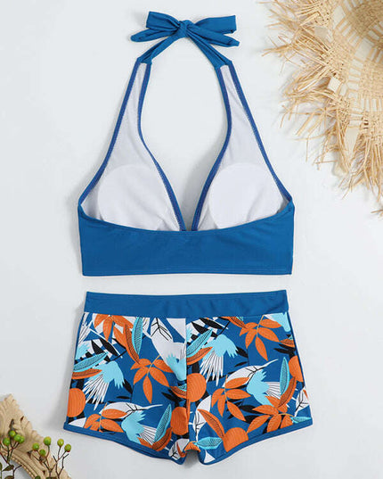 Swimsuit Women's Split High Waist Boxer Ties Printed Solid Color Stitching Bikini