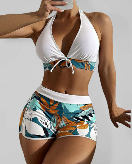Swimsuit Women's Split High Waist Boxer Ties Printed Solid Color Stitching Bikini