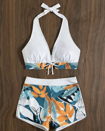 Swimsuit Women's Split High Waist Boxer Ties Printed Solid Color Stitching Bikini