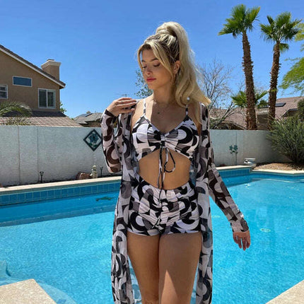 Split three-piece high waist long-sleeved ins blouse drawstring bikini