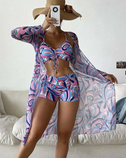 Split three-piece high waist long-sleeved ins blouse drawstring bikini