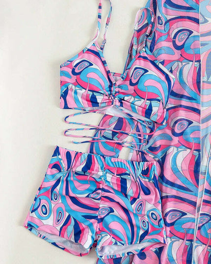 Split three-piece high waist long-sleeved ins blouse drawstring bikini