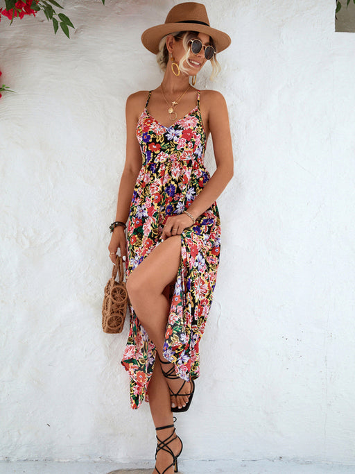 Floral Print Backless Slip Dress with Slit - Women's Feminine and Elegant Fashion