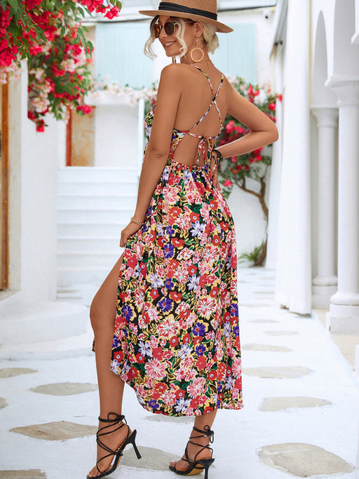 Women's Floral Backless Slit Slip Dress