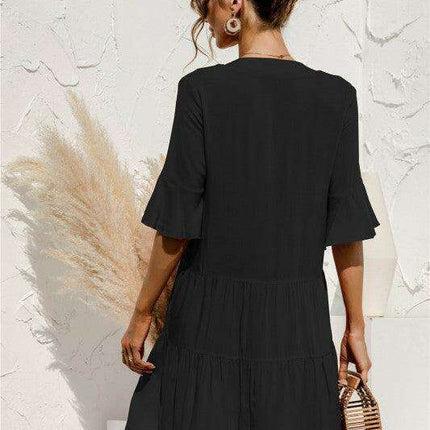 Enchanting Floral V-Neck Maxi Dress with Elegant Trumpet Sleeves and Delightful Cake Accents