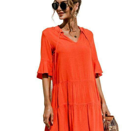 Enchanting Floral V-Neck Maxi Dress with Elegant Trumpet Sleeves and Delightful Cake Accents