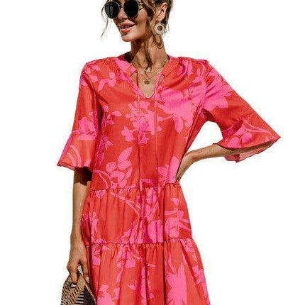 Enchanting Floral V-Neck Maxi Dress with Elegant Trumpet Sleeves and Delightful Cake Accents