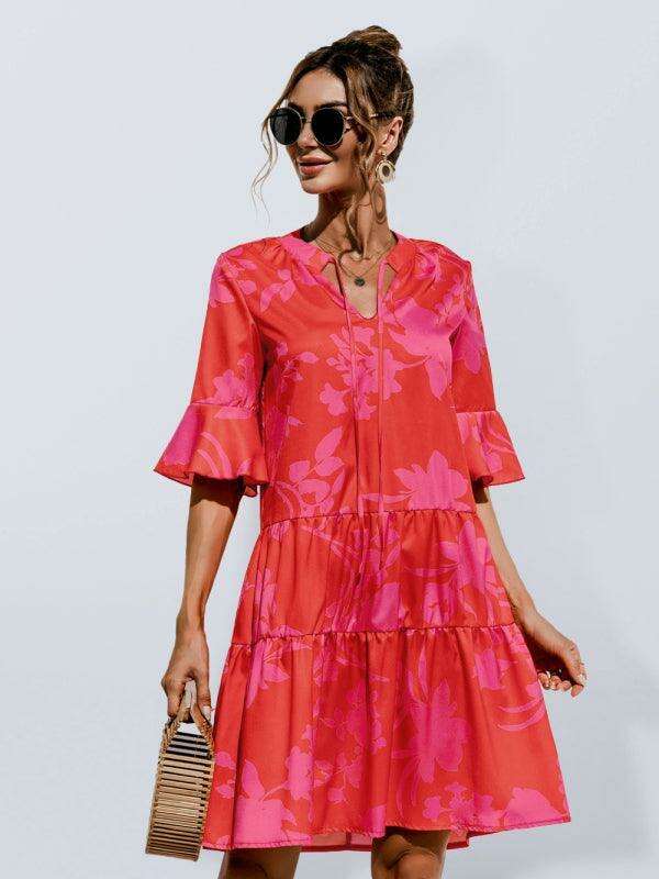 Enchanting Floral V-Neck Maxi Dress with Elegant Trumpet Sleeves and Delightful Cake Accents