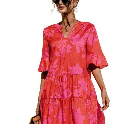 Enchanting Floral V-Neck Maxi Dress with Elegant Trumpet Sleeves and Delightful Cake Accents