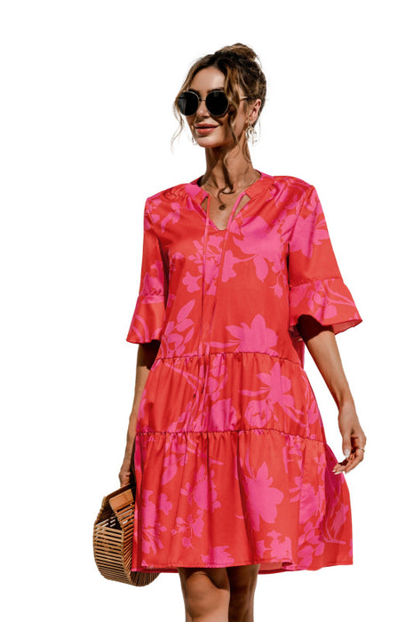 Flowy Floral V-Neck Dress with Trumpet Sleeves and Cake Style Detail