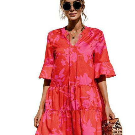 Enchanting Floral V-Neck Maxi Dress with Elegant Trumpet Sleeves and Delightful Cake Accents