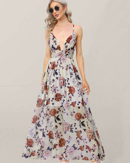 Elegant Boho V-Neck Maxi Dress with Stylish Suspender Straps