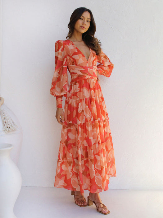 Charming Floral V-neck Dress with Long Sleeves