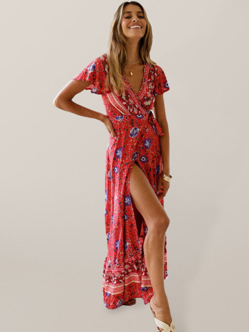 Bohemian Floral V-Neck Tunic Dress with Maxi Skirt