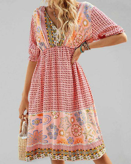 Chic Bohemian Short Sleeve V-Neck Dress for Women