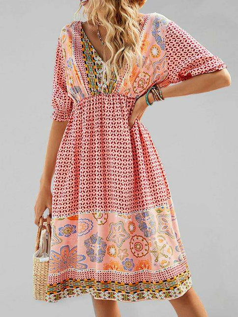 Chic Bohemian Short Sleeve V-Neck Dress for Women