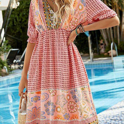 Chic Bohemian Short Sleeve V-Neck Dress for Women