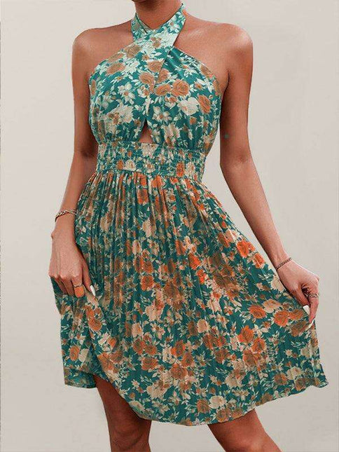 Bohemian Floral Halter Backless Dress with Chic Print