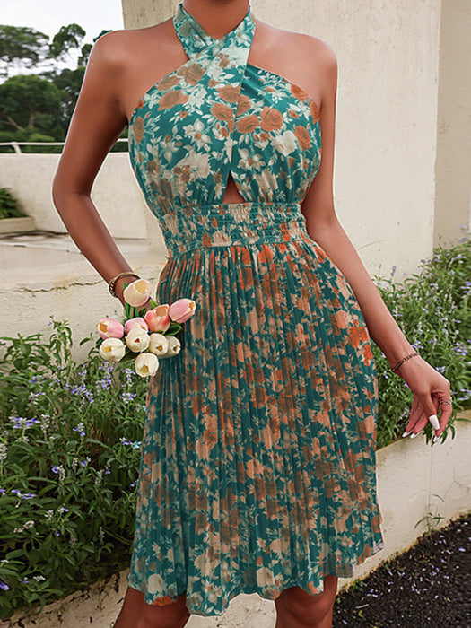 Floral Bohemian Chic Backless Halter Dress with Floral Print