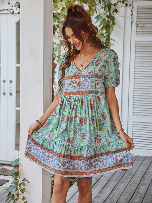 Vibrant Viscose V-Neck Bohemian Dress for Resort and Summer